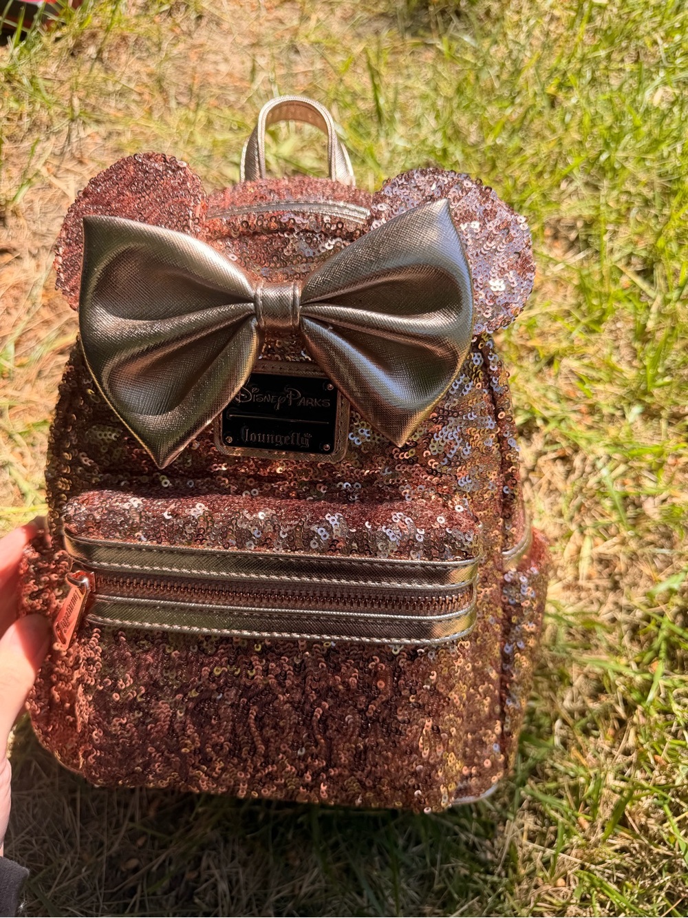 Loungefly Rose Gold Sequin Mini Backpack with Metallic Bow
